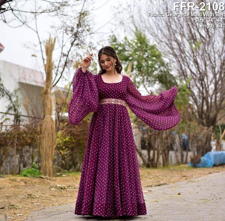 Bandhej Belt By Bhargavi Tex Faux Georgette Maxi Dress With Embroidery Belt Gown Catalog